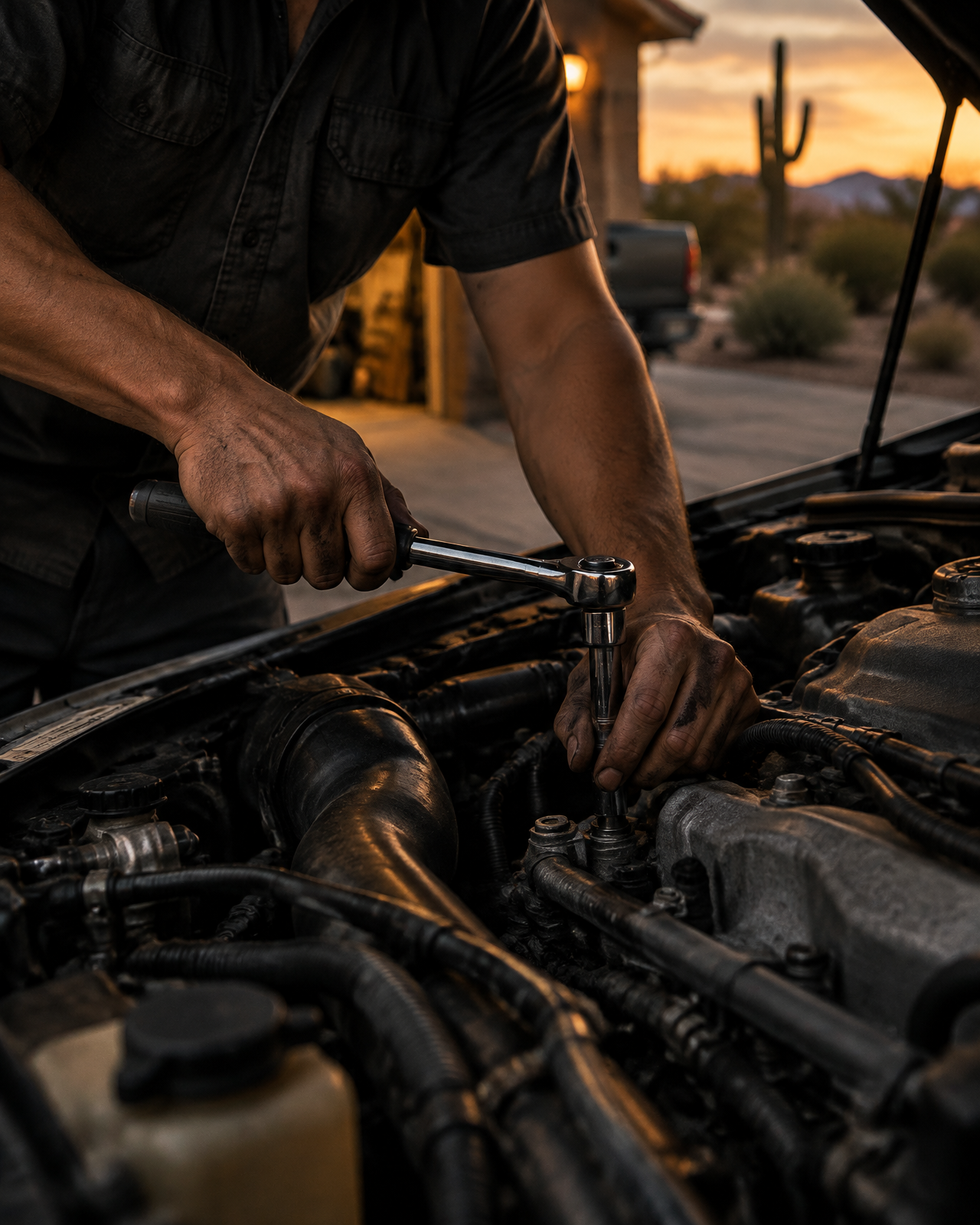 Mobile mechanic working beneath a vehicle hood